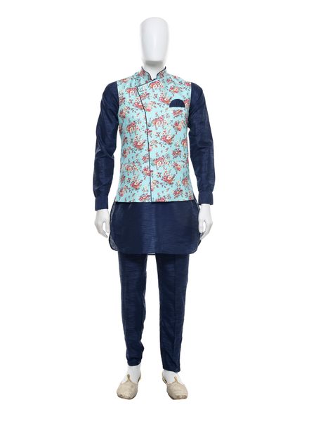 Kurta Pajama Silk Blend Party Wear Slim Fit Stand Collar Full Sleeves Printed Regular La Scoot Bridges Pants With Waistcoat
